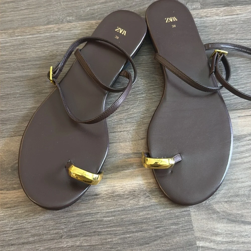 Zara Brown Leather Metal Toe Ring Sandals Size 38 - Picture 9 of 10